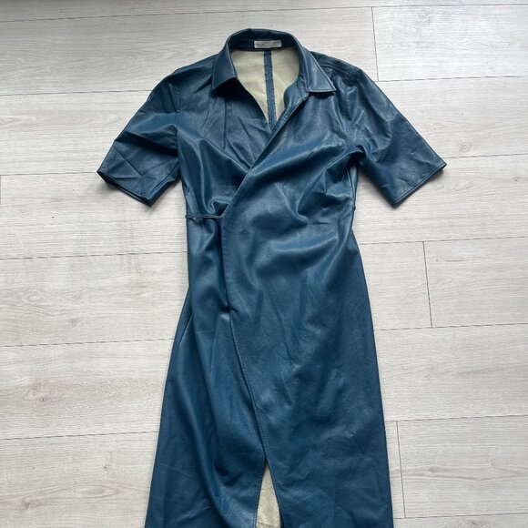 Oak + Fort Faux Leather Wrap Midi Dress in Teal Blue - Picture 1 of 5